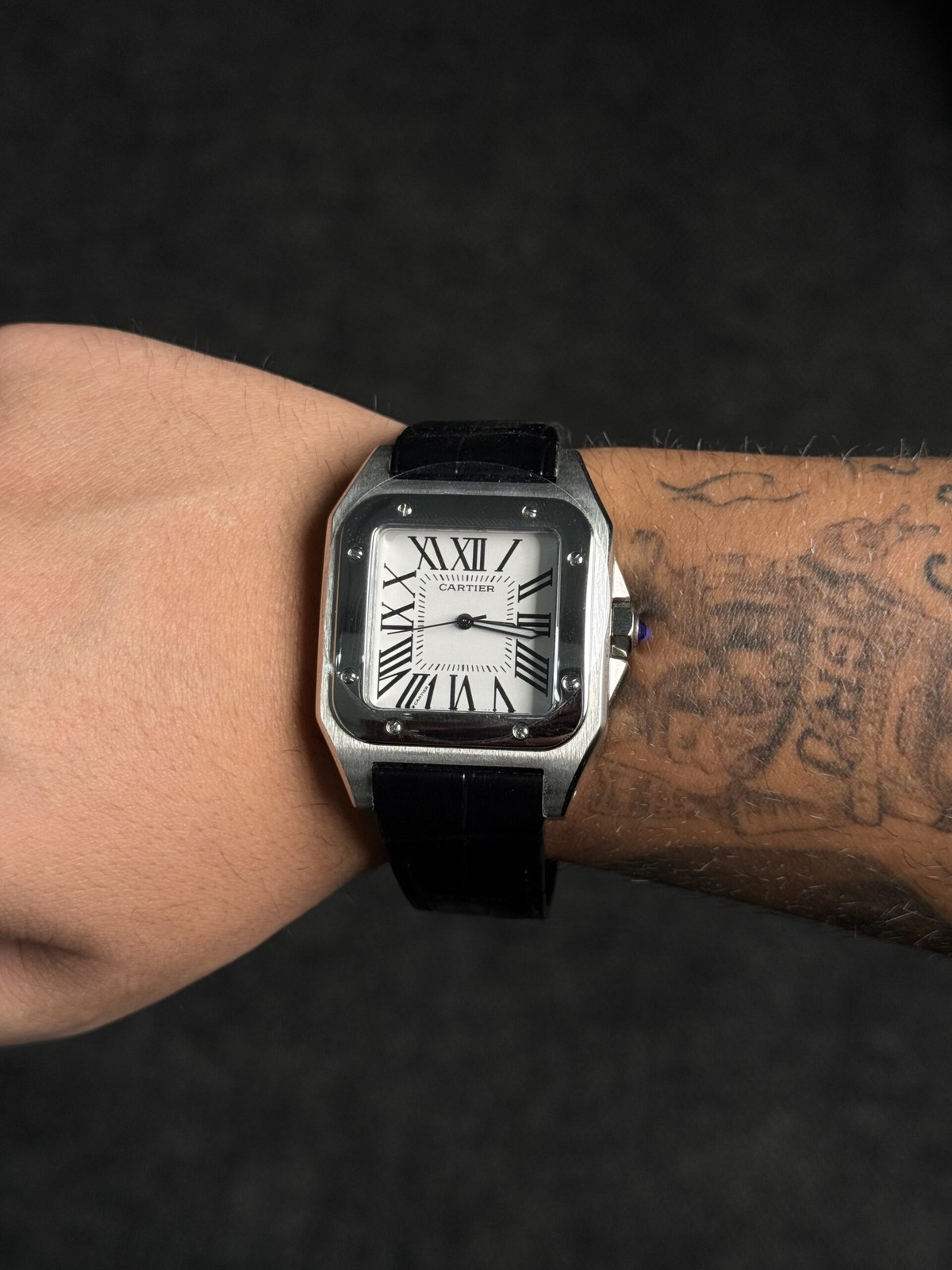 ساعت کارتیر سانتوس 100 مردانه سیلور مشکی بند چرم Cartier-5594-L