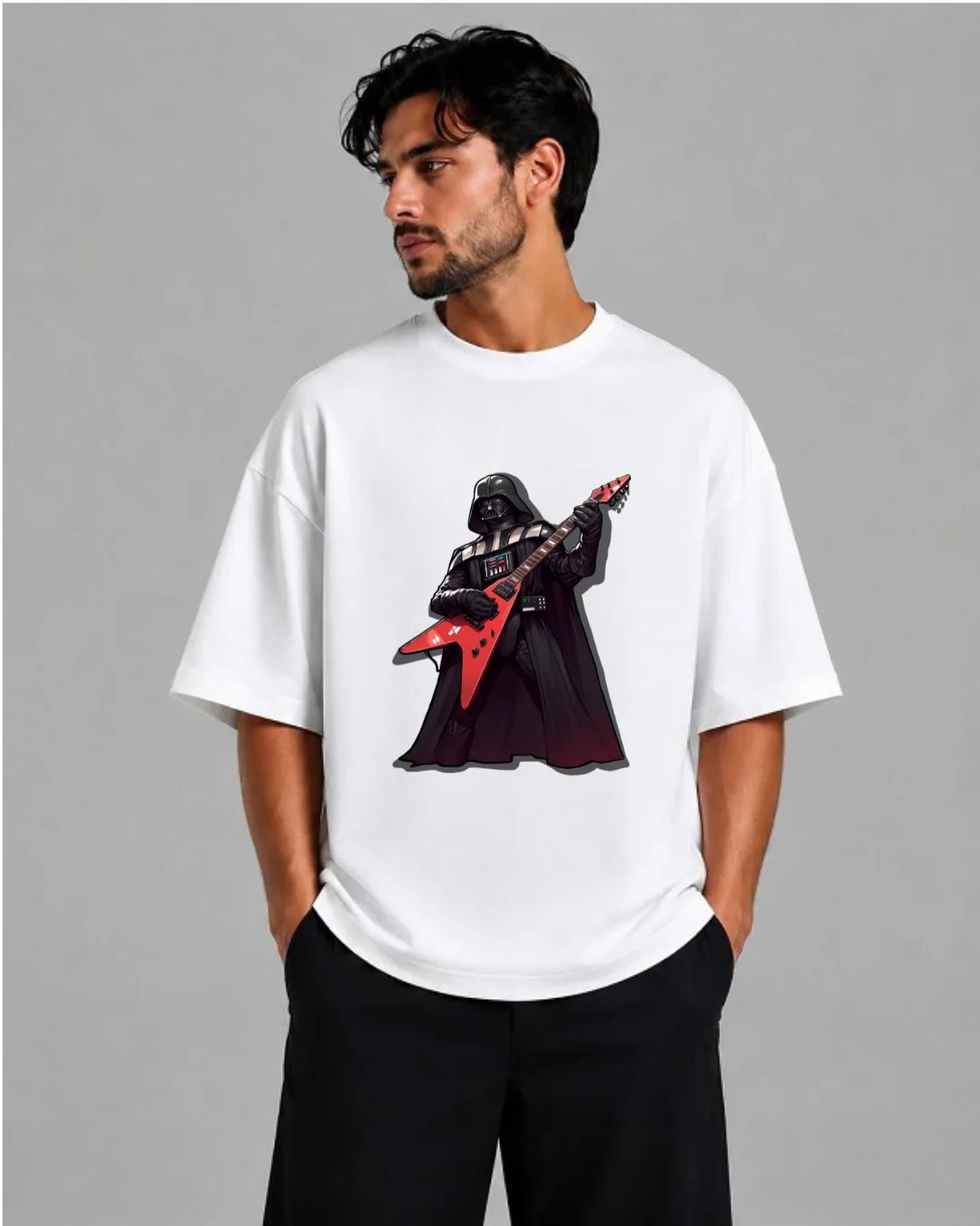 باکسی سفید | طرح Darth Vader گیتاریست از جنگ ستارگان | سبک | تیشرت باکسی سفید | طرح Darth Vader گیتاریست از جنگ ستارگان | سبک Dark Rock Graphic کد 20705