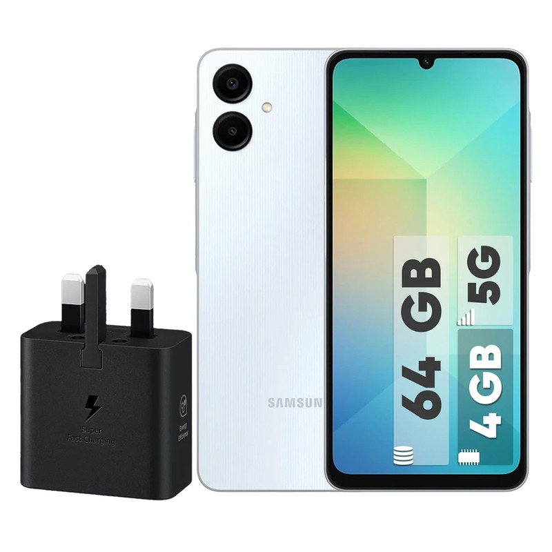 گوشی موبایل سامسونگ مدل Galaxy A06 5G دو سیم کارت 64 گیگابایت و رم 4 گیگابایت به همراه شارژر 25 وات سامسونگ