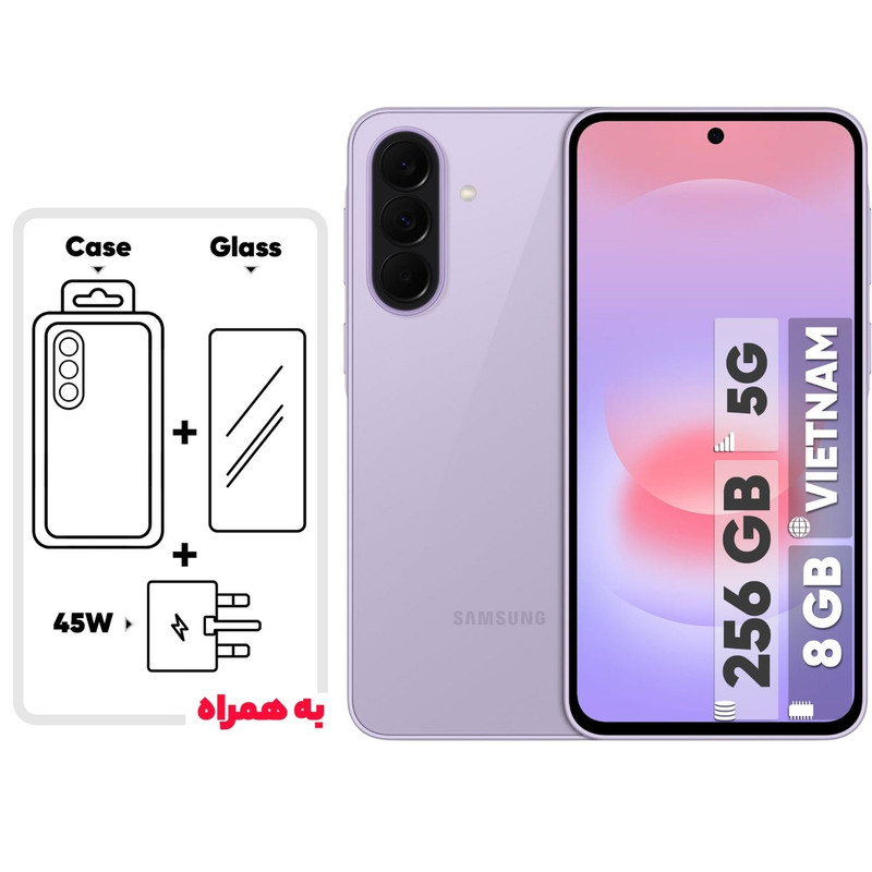 گوشی موبایل سامسونگ مدل Galaxy A37 دو سیم‌کارت ظرفیت 256 گیگابایت و رم 8 گیگابایت - ویتنام - به همراه یک عدد شارژر 45 وات سامسونگ، یک عدد کابل UBS-C به طول 1.8 متر، یک عدد کاور سیلیکونی و یک عدد محافظ صفحه نمایش