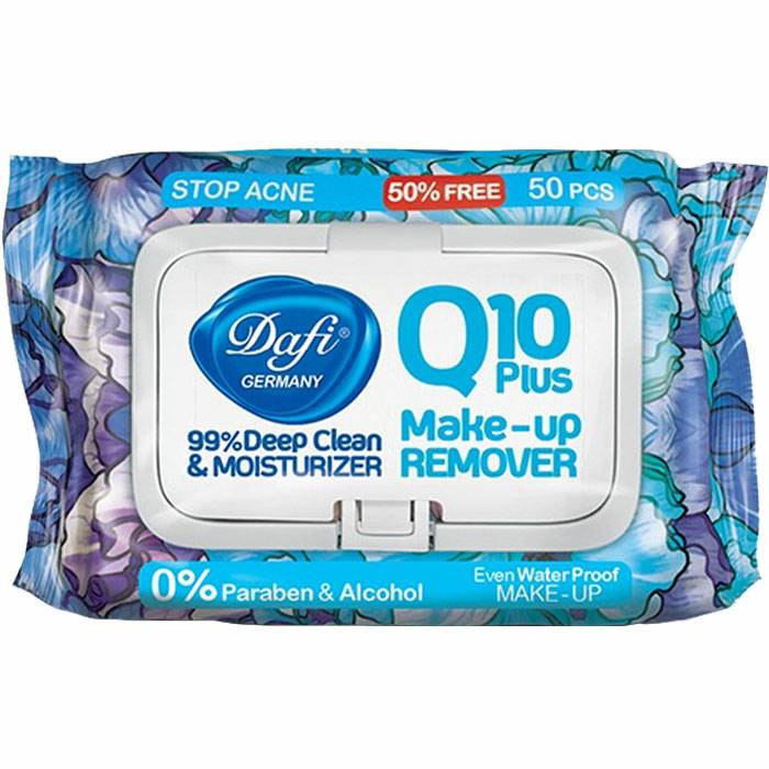 دستمال مرطوب پاک کننده آرایش دافی مدل Q10 Stop Acne بسته 50 عددی Dafi Q10 Stop Acne Make Up remover Wet Wipes 50 pcs
