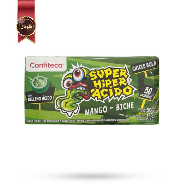 آدامس بادکنکی کانفیتکا سوپر هایپر اسیدو Super Hyper Acido Confiteca با طعم انبه و مغزی ترش mango بسته 50 عددی (اورجینال)