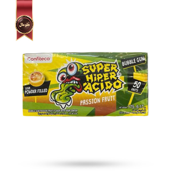آدامس بادکنکی کانفیتکا سوپر هایپر اسیدو Super Hyper Acido Confiteca با طعم پشن فروت و مغزی ترش Passion fruit بسته 50 عددی (اورجینال)