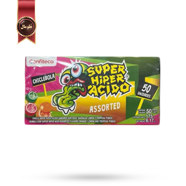 آدامس بادکنکی کانفیتکا سوپر هایپر اسیدو Super Hyper Acido Confiteca با طعم متنوع و مغزی ترش assorted بسته 50 عددی (اورجینال)