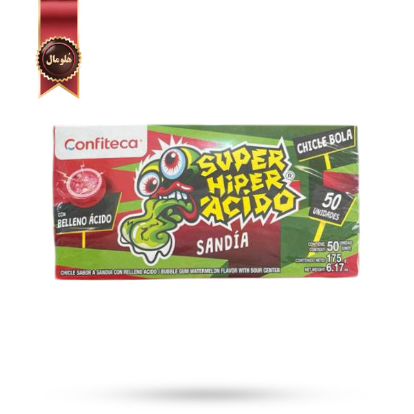 آدامس بادکنکی کانفیتکا سوپر هایپر اسیدو Super Hyper Acido Confiteca با طعم هندوانه و مغزی ترش watermelon بسته 50 عددی (اورجینال)