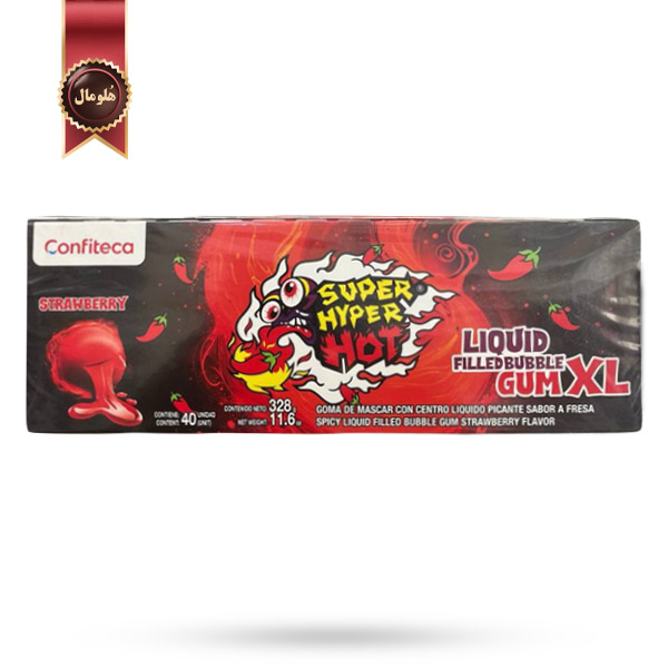 آدامس بادکنکی کانفیتکا سوپر هایپر هات Super Hyper Hot Confiteca با طعم توت فرنگی و مغزی تند strawberry بسته 40 عددی (اورجینال)