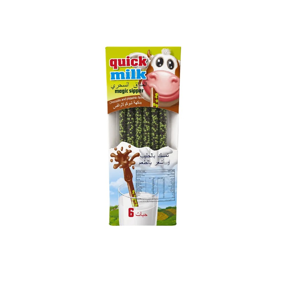 نی شير کوئيک ميلک طعم شکلات و پسته بسته 6 عددی Quick Milk مدل Chocolate And Pistachio Flavor