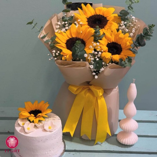 پکیج کیک و دسته گل خورشید