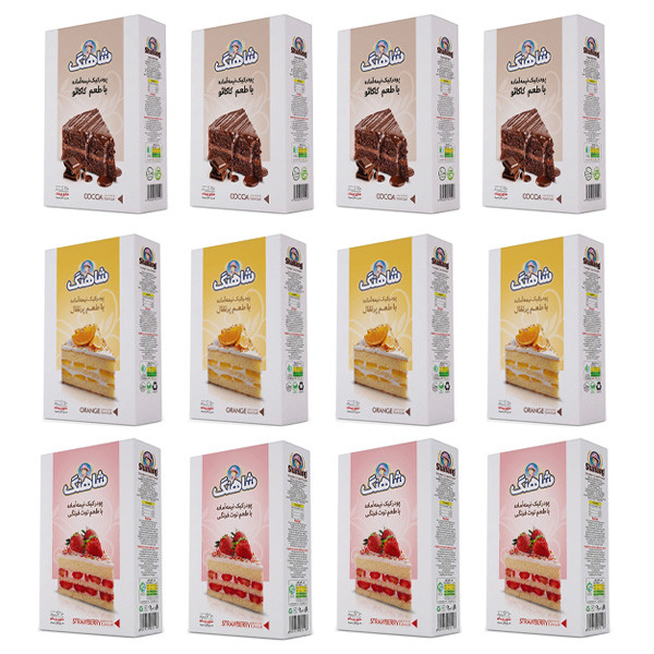 پودر کیک کاکائو و پرتقال و توت فرنگی شاهنگ - 250 گرم بسته 12 عددی
