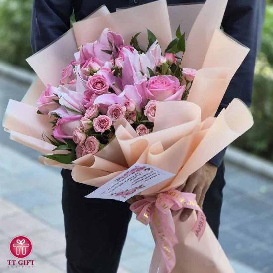 Parmida Rose and Pink Lily Flower Bouquet