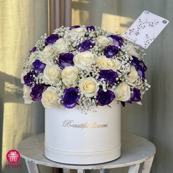 Sina White and Purple Rose Flower Box