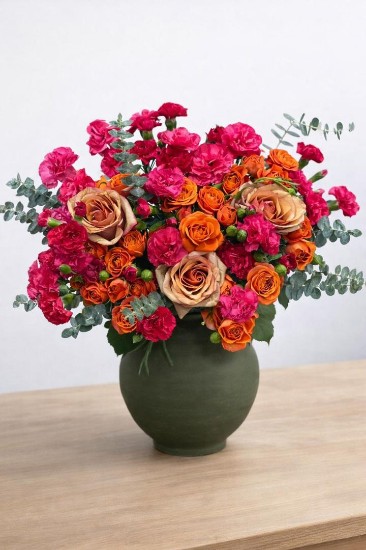 Houri Autumn Orange Miniature Rose Flower Vase