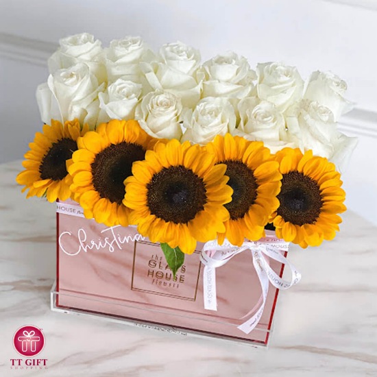 Sarang Sunflower and White Rose Flower Box