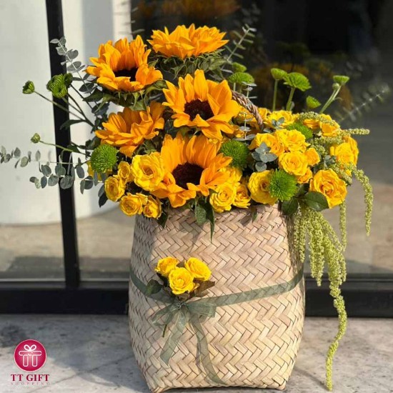 Parivash Sunflower and Yellow Miniature Rose Flower Basket
