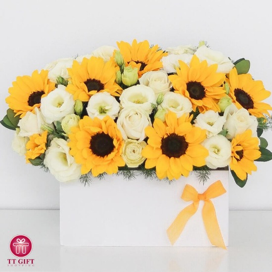 Kayli Sunflower and White Rose Flower Box