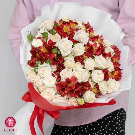 Saba White Miniature Rose and Red Alstroemeria Flower Bouquet