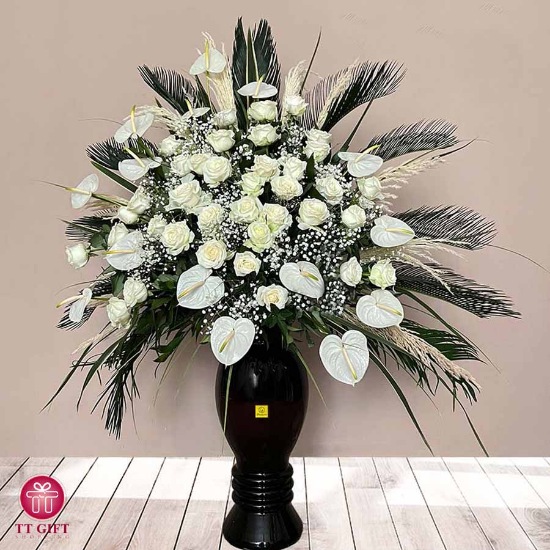 Jeylan White Rose and Anthurium Flower Cup for Funeral