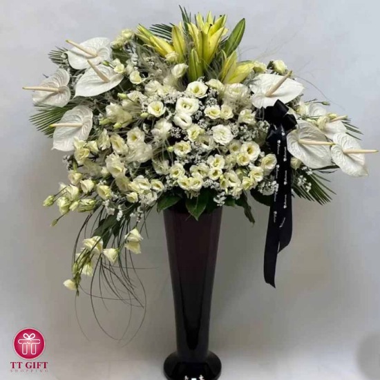 Adan White Lisianthus and Anthurium Flower Cup for Funeral