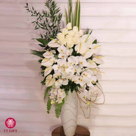 Sanya Luxury Flower Cup of White Orchids and Anthurium