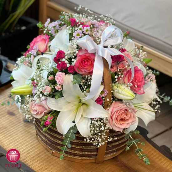 Farimah Flower Basket of White Lilies and Pink Roses