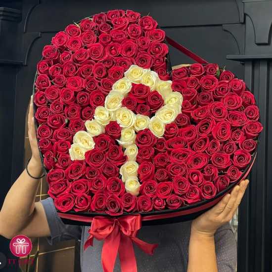 Heart-Shaped Flower Box with Red Rose and Lettering with White Rose