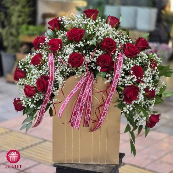 Behgol Red Rose and Gypsophila Flower Box