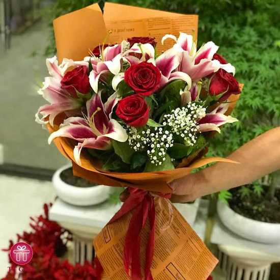 Shaya Red Rose and Pink Lily Flower Bouquet