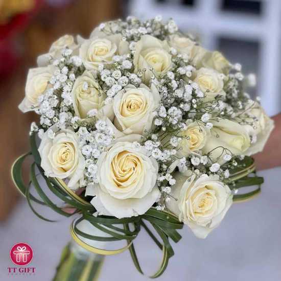Armila White Rose and Gypsophila Flower Bouquet