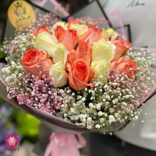 Tanin White and Orange Rose Flower Bouquet