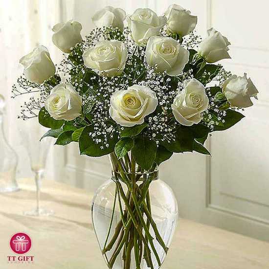 Farnoud White Rose and Gypsophila Flower Vase for Birthday