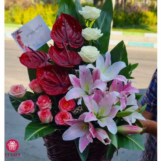 Sarvin Oriental Anthurium and Rose Flower Basket