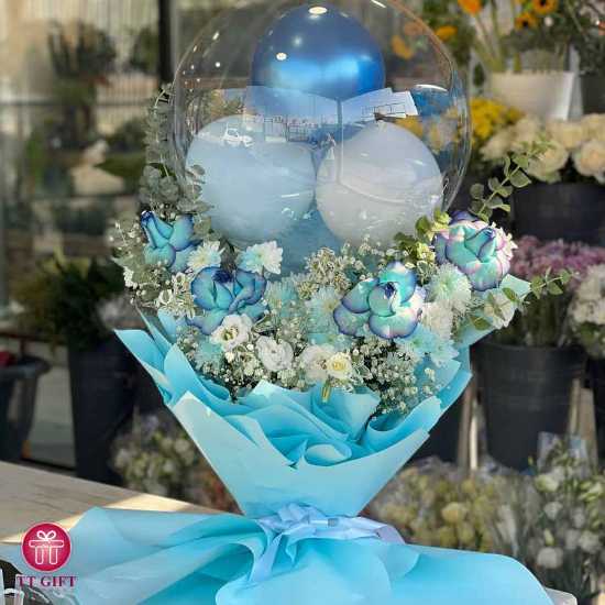 Economic Chrysanthemum and Blue Rose Flower Bouquet with Balloons for Birthday