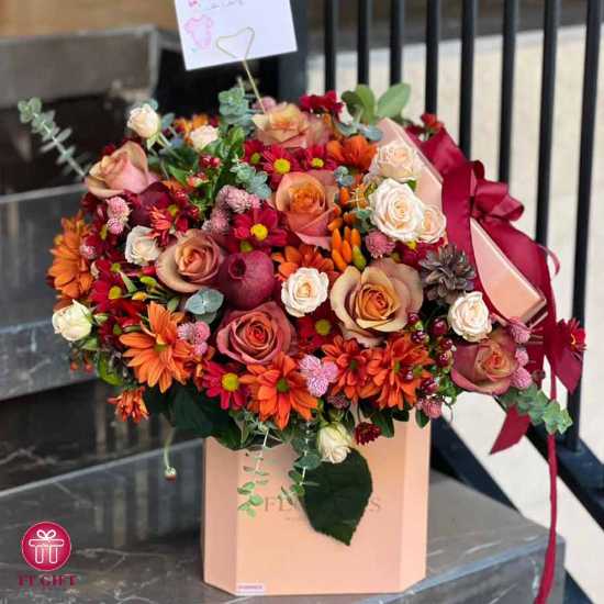 Shaghayegh Orange Chrysanthemum and Rose Flower Box