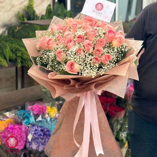 Emily Pink Rose and Gypsophila Flower Bouquet for Birthday
