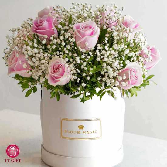 Mahkameh Pink Rose and Gypsophila Flower Box