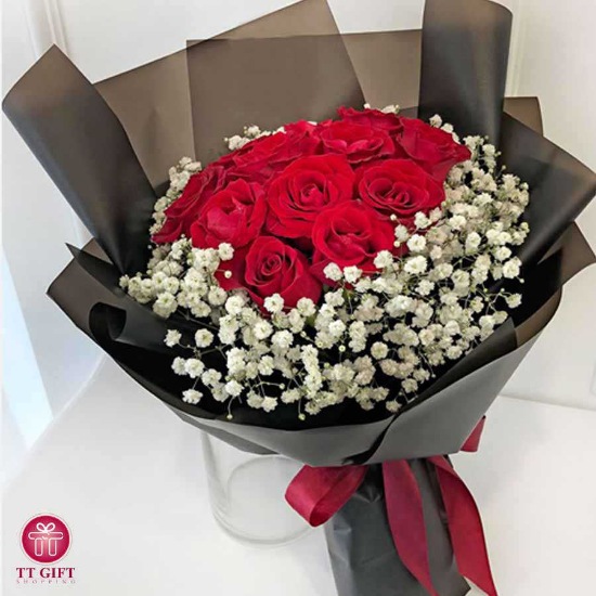 Jakline Economic Red Rose and Gypsophila Flower Bouquet