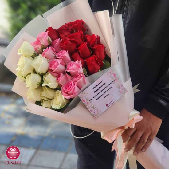 Mahzad Red Pink and White Rose Flower Bouquet
