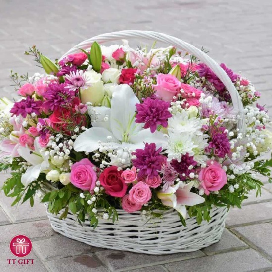 Simin Pink Rose and Lily Flower Basket for Birthday