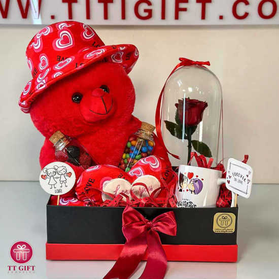Valentine gift package (doll+mug+eternal rose+smarties and pastels)