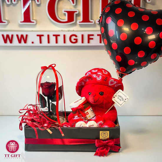 Valentine gift package (doll + chocolate+eternal rose)