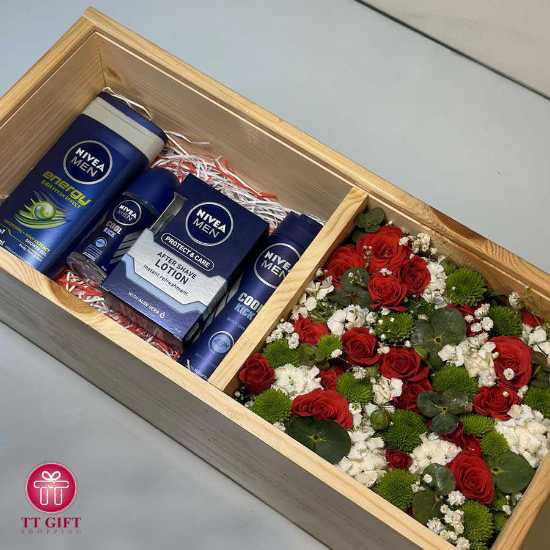 Red Miniature Rose and Chrysanthemum Flower Box with Nivea Men's Set