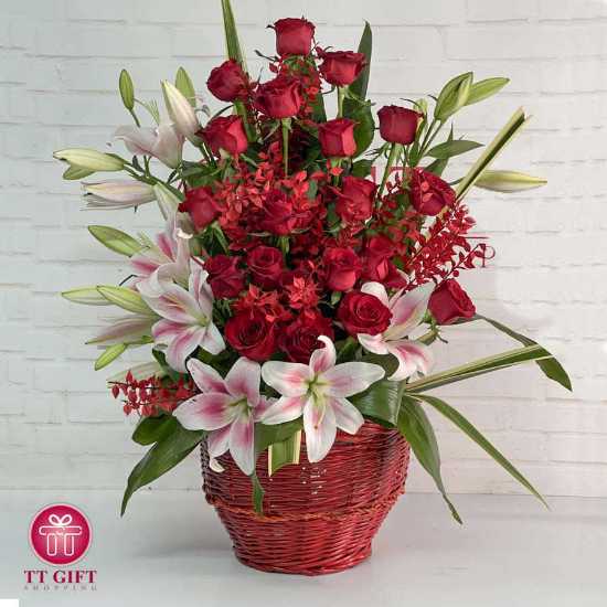Delvan Red Rose and Oriental Flower Basket