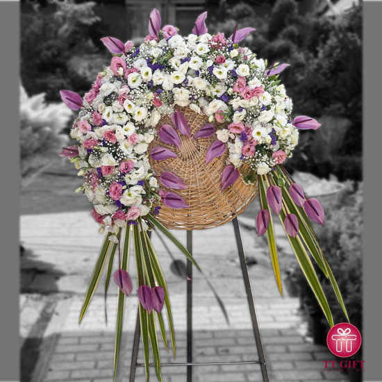 Fereshteh White and Purple Anthurium and Lisianthus Wreath Flower for Opening