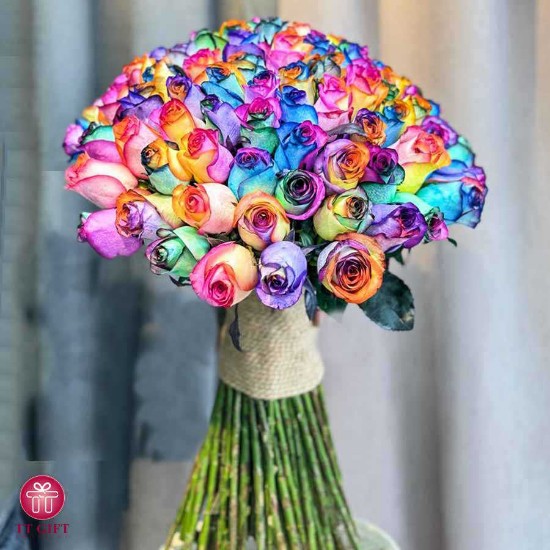 Mika Seven Color Rose Flower Bouquet with Long Stems