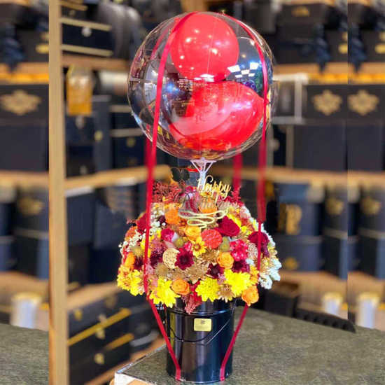 Rose and Chrysanthemum Flower Box with Balloons for Birthday