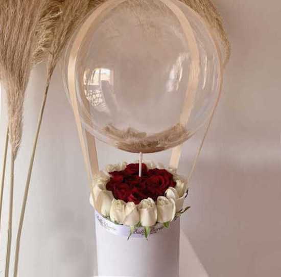 Padideh Red and White Rose Flower Box with Balloons for Birthday