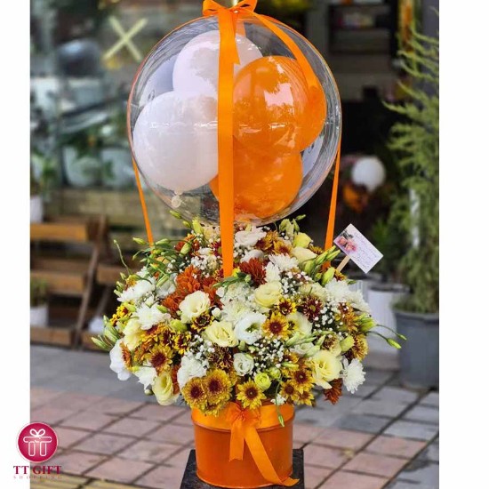 White and Orange Chrysanthemum and Lisianthus Flower Box with Balloon