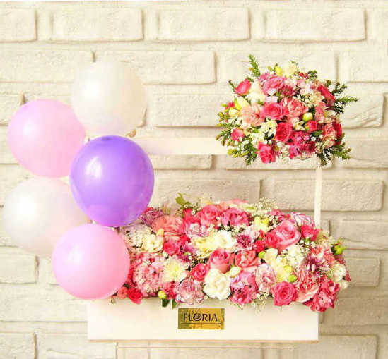 Lena White and Pink Flower box with Balloons for Birthday