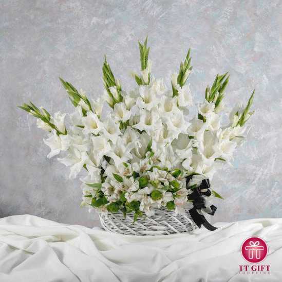 Nila White Gladiolus Flower Basket for Funeral