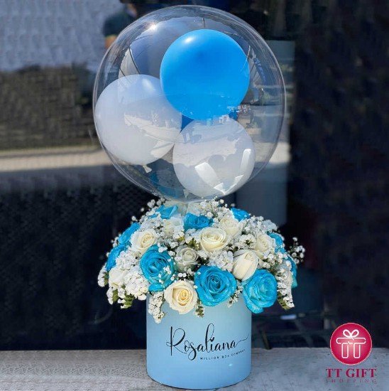 Ario Blue and White Rose with Balloons Flower Box